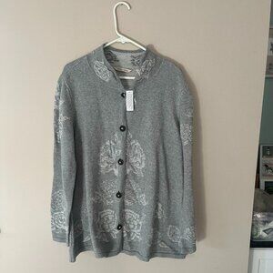 NWT Soft Surroundings Women's Regina Sweater Jacket Cardigan Gray & White Size L